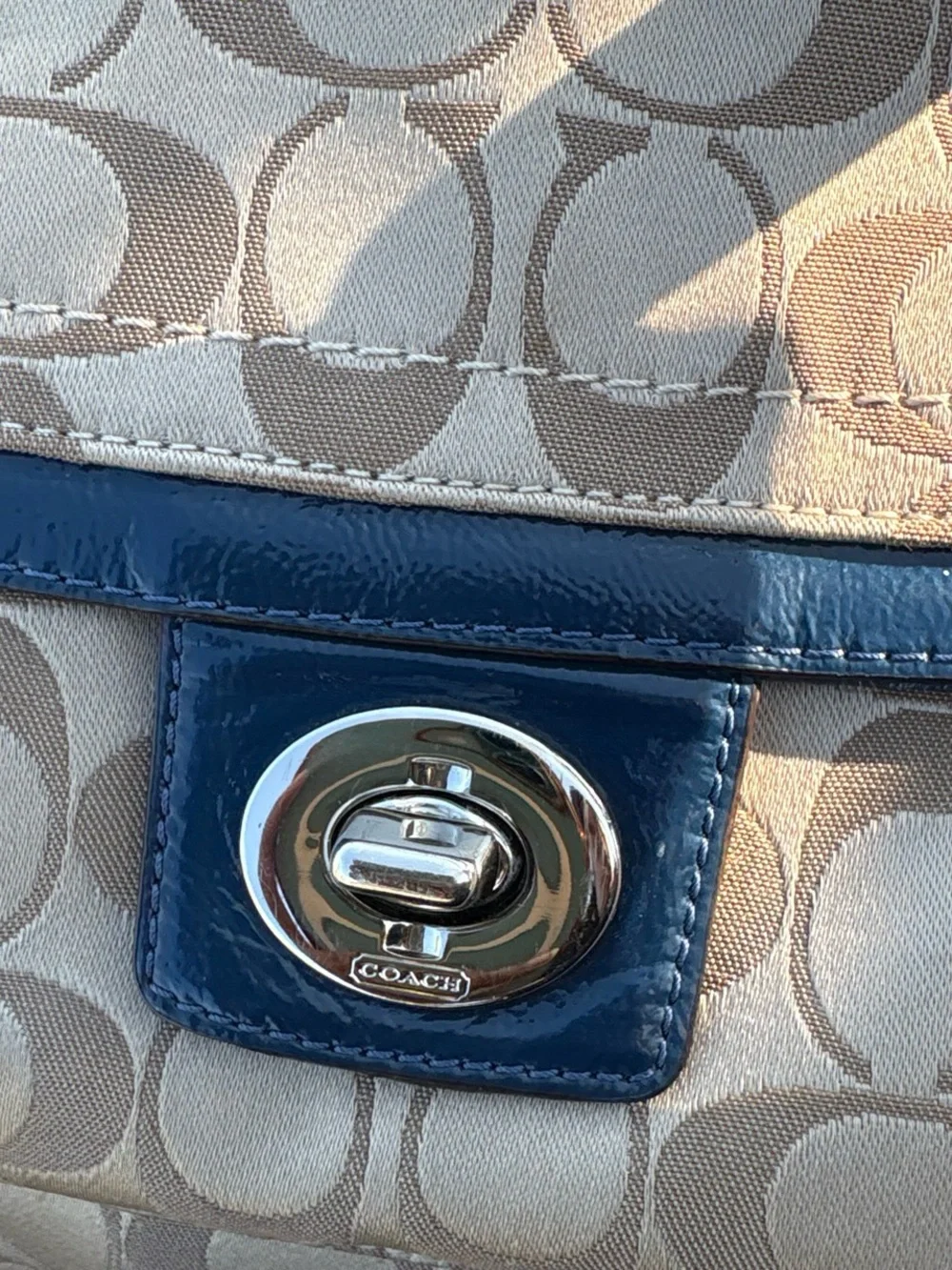 Coach Beige Signature Canvas Shoulder Bag with Navy Trim